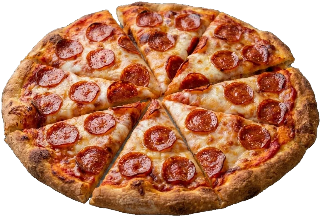 A pepperoni pizza cut into slices, fresh from the oven